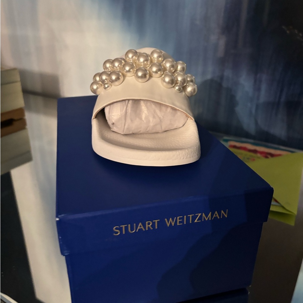 Stuart Weitzman White Slides with Pearl Accents